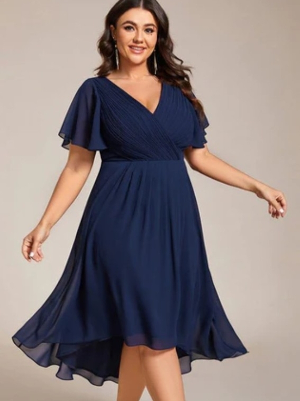 Ever-Pretty Size 20 Double V-Neck, Ruffled Sleeve Chiffon Midi In Navy